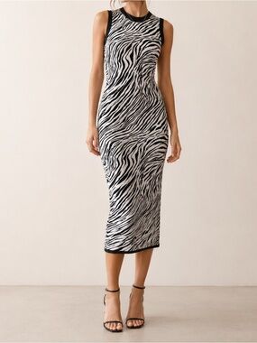 McQ Alexander McQueen Zebra Print Bodycon Midi Dress Black White Sleeveless